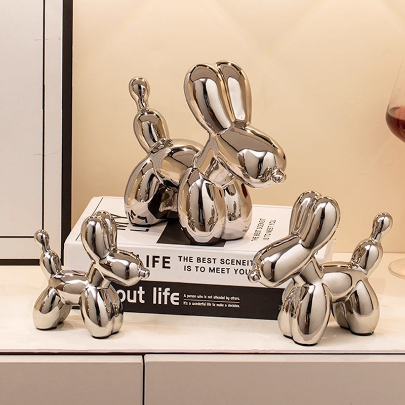 Luxury Lifestyle Items - Seramik Heykeller Gümüş Balon Köpek Dekorasyon